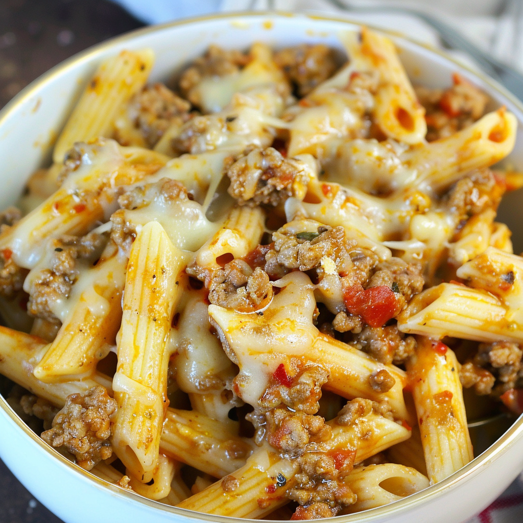 Recipe preparation for Cheesy Beef and Pasta Skillet