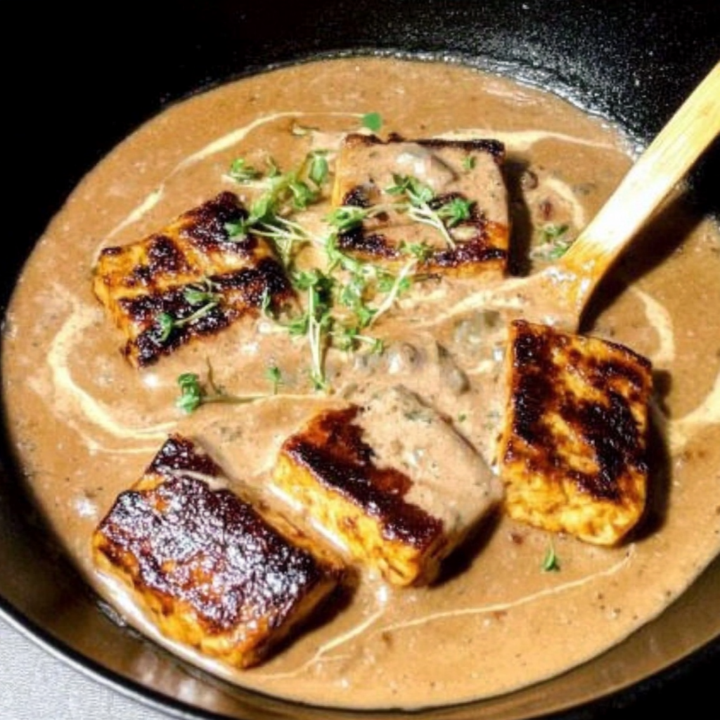 Recipe preparation for Garlic Cream Tofu Steak