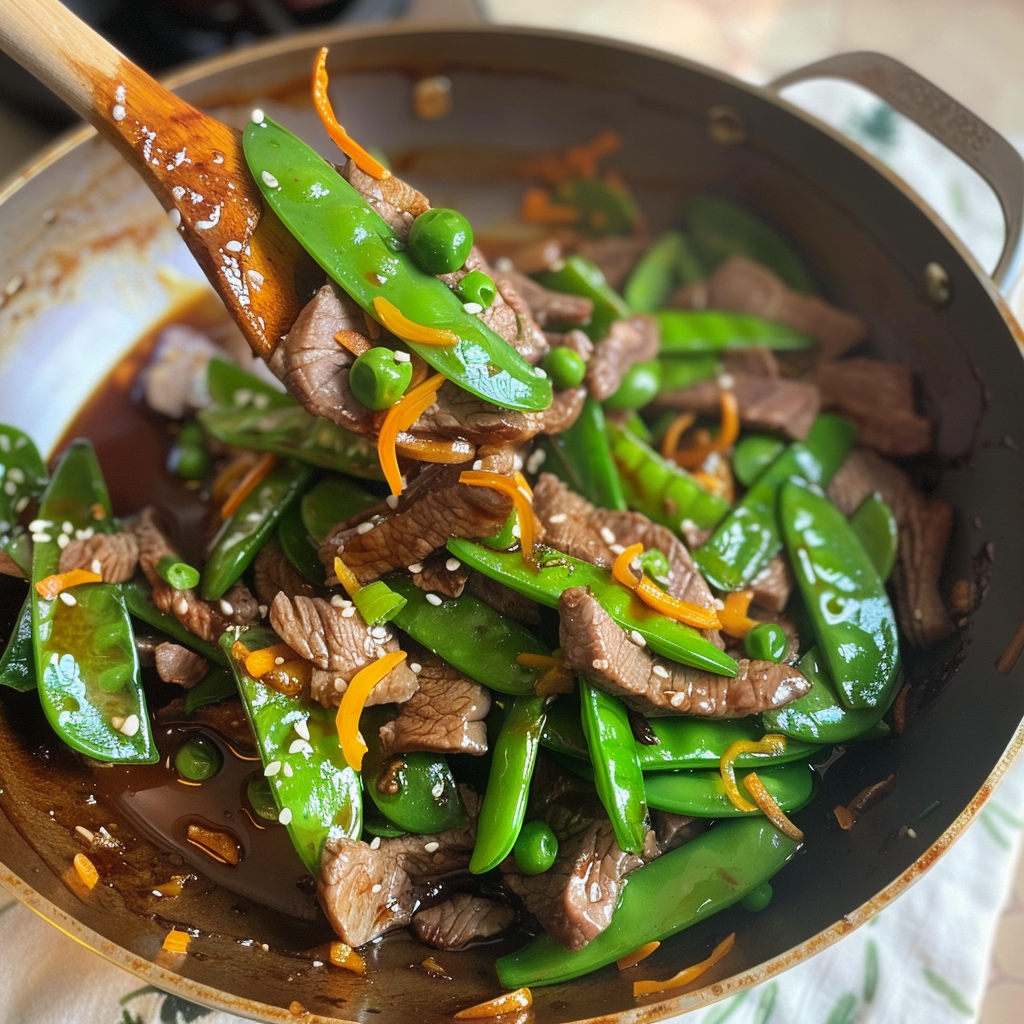 Recipe preparation for Spicy Ginger Beef Stir-Fry with Snap Peas