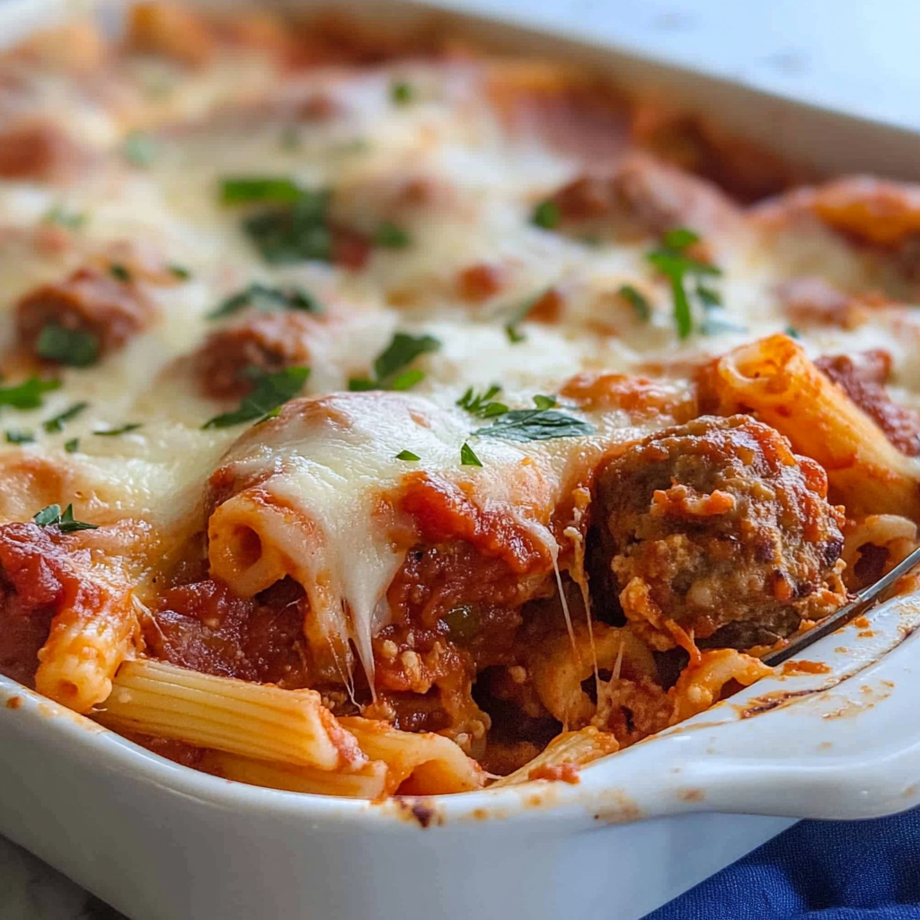 Recipe preparation for Baked Ziti with Meatballs
