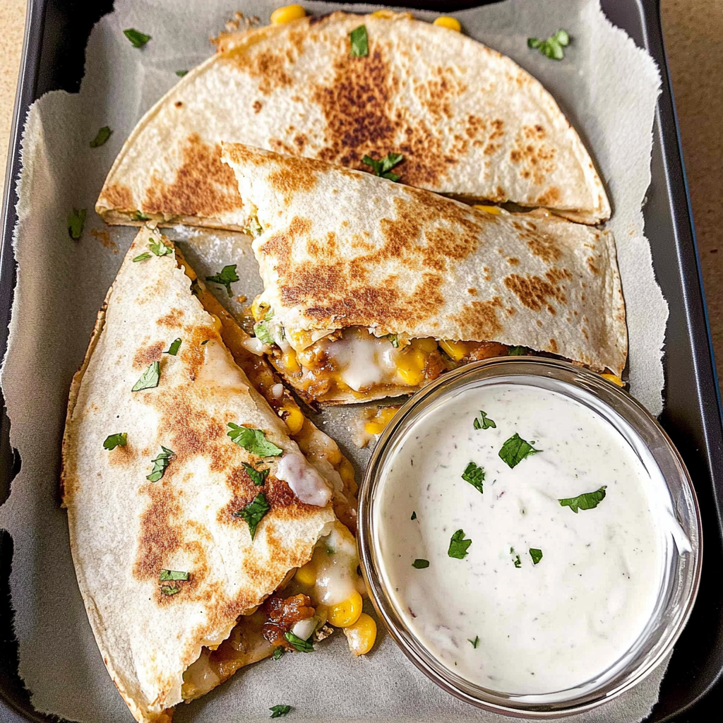 Recipe preparation for Cheesy Elote Quesadilla with Cumin Lime Crema