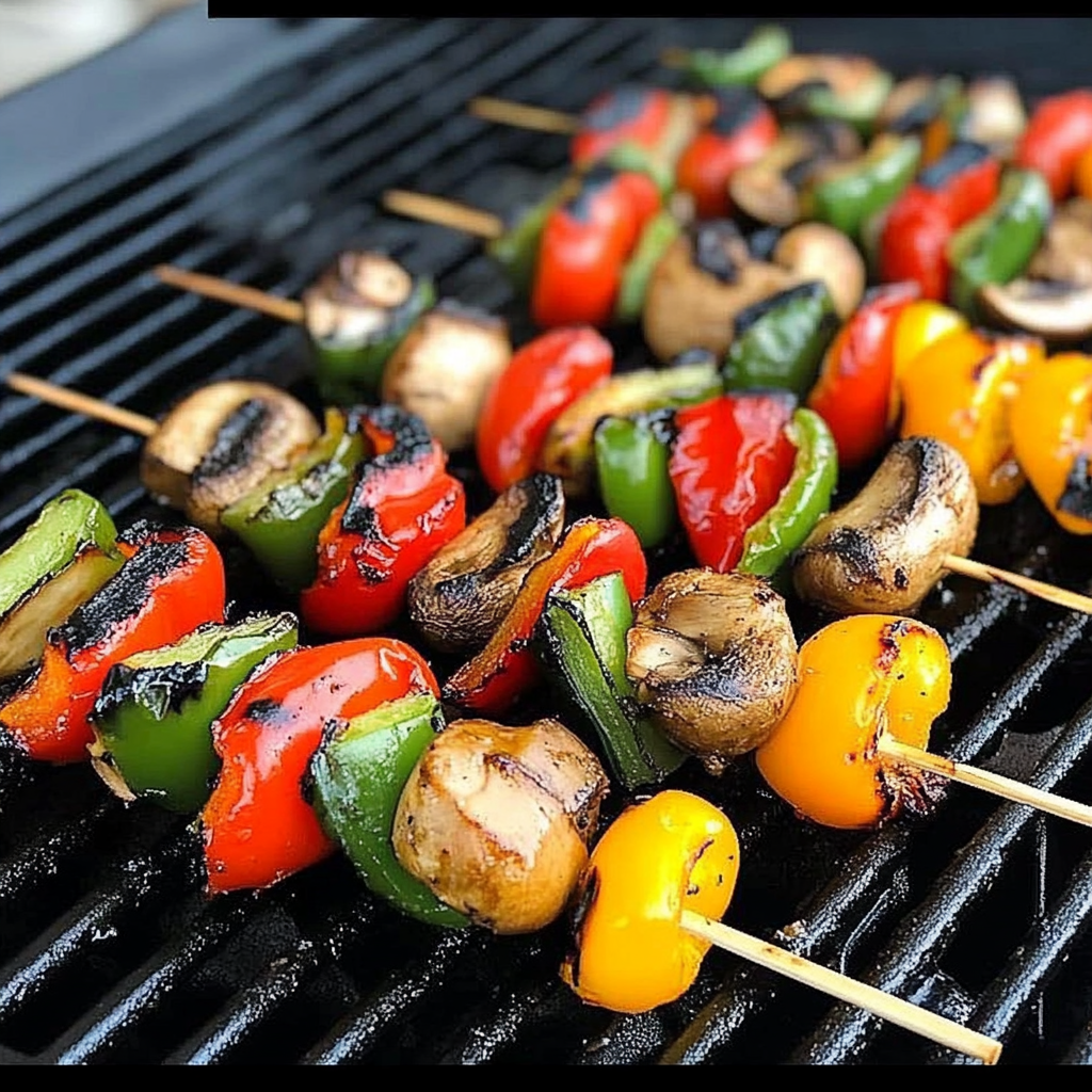 Recipe preparation for BBQ Mushroom and Bell Pepper Skewers