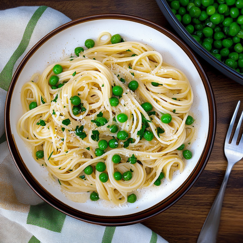 Recipe preparation for Garlic Butter Pasta with Peas