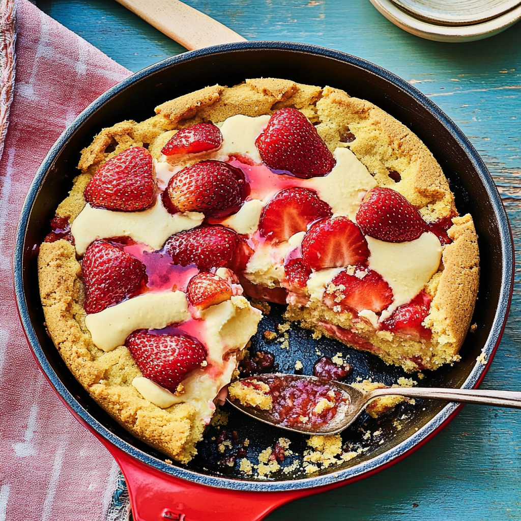 Recipe preparation for Strawberry Cheesecake Cookie Skillet