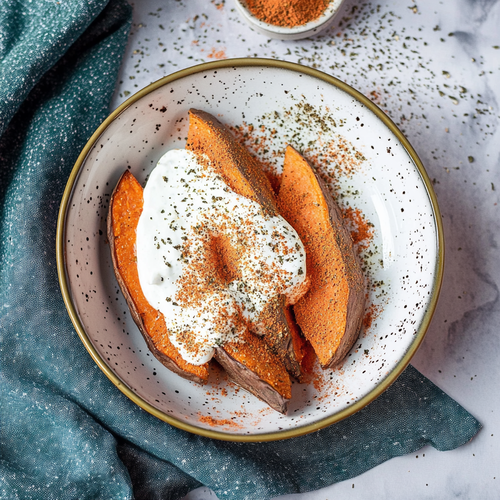 Recipe preparation for Air Fryer Sweet Potato Jackets with Greek Yogurt