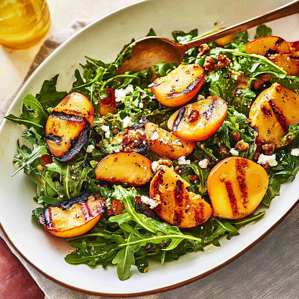 Recipe preparation for Grilled Peach and Arugula Salad