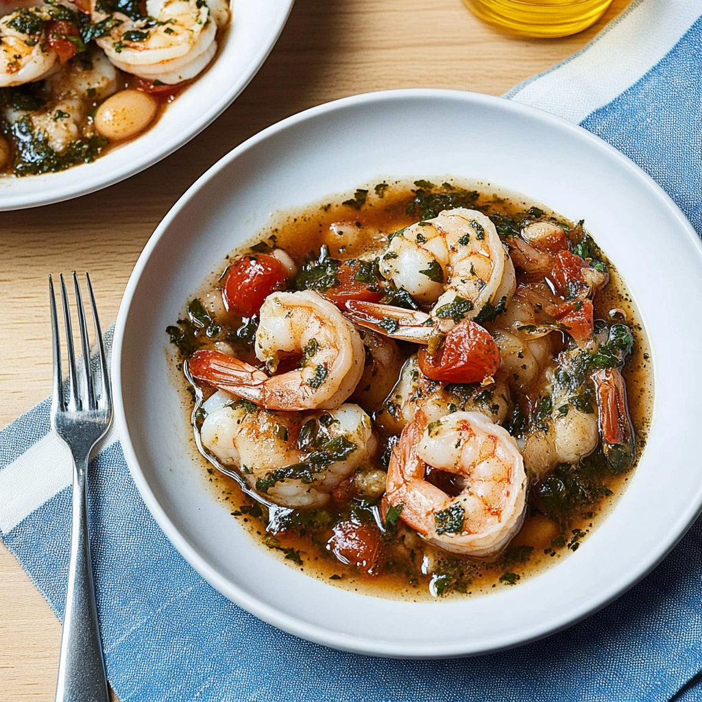 Recipe preparation for Shrimp with Herby White Beans and Tomatoes