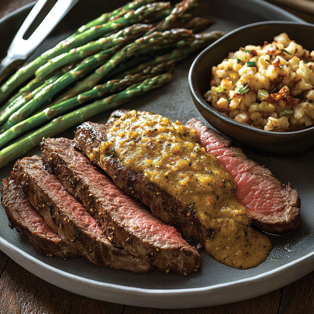Recipe preparation for Sheet Pan London Broil with Asparagus Gribiche