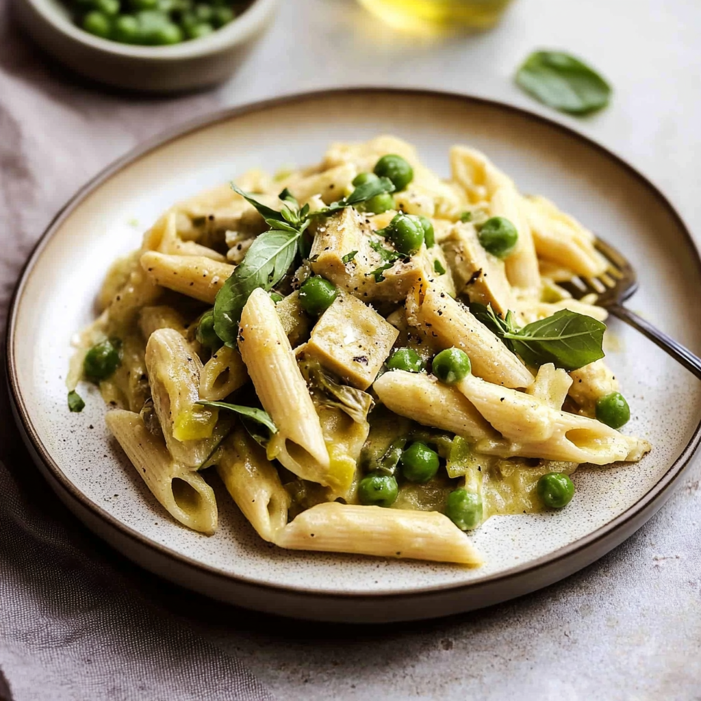 Recipe preparation for Penne with Baby Artichokes, Black Olives and Peas