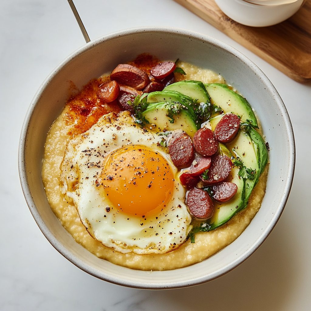 Recipe preparation for Cheesy Grits with Fried Eggs and Vegetables