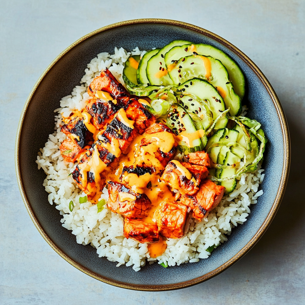 Recipe preparation for Spicy Salmon Rice Bowl