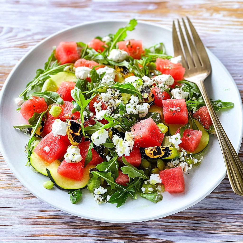 Recipe preparation for Aragula- Watermelon Salad with Cotija