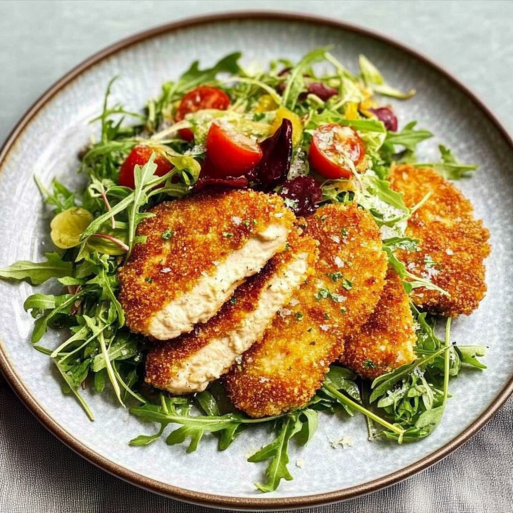Recipe preparation for Crispy Chicken Cutlets with Arugula Salad