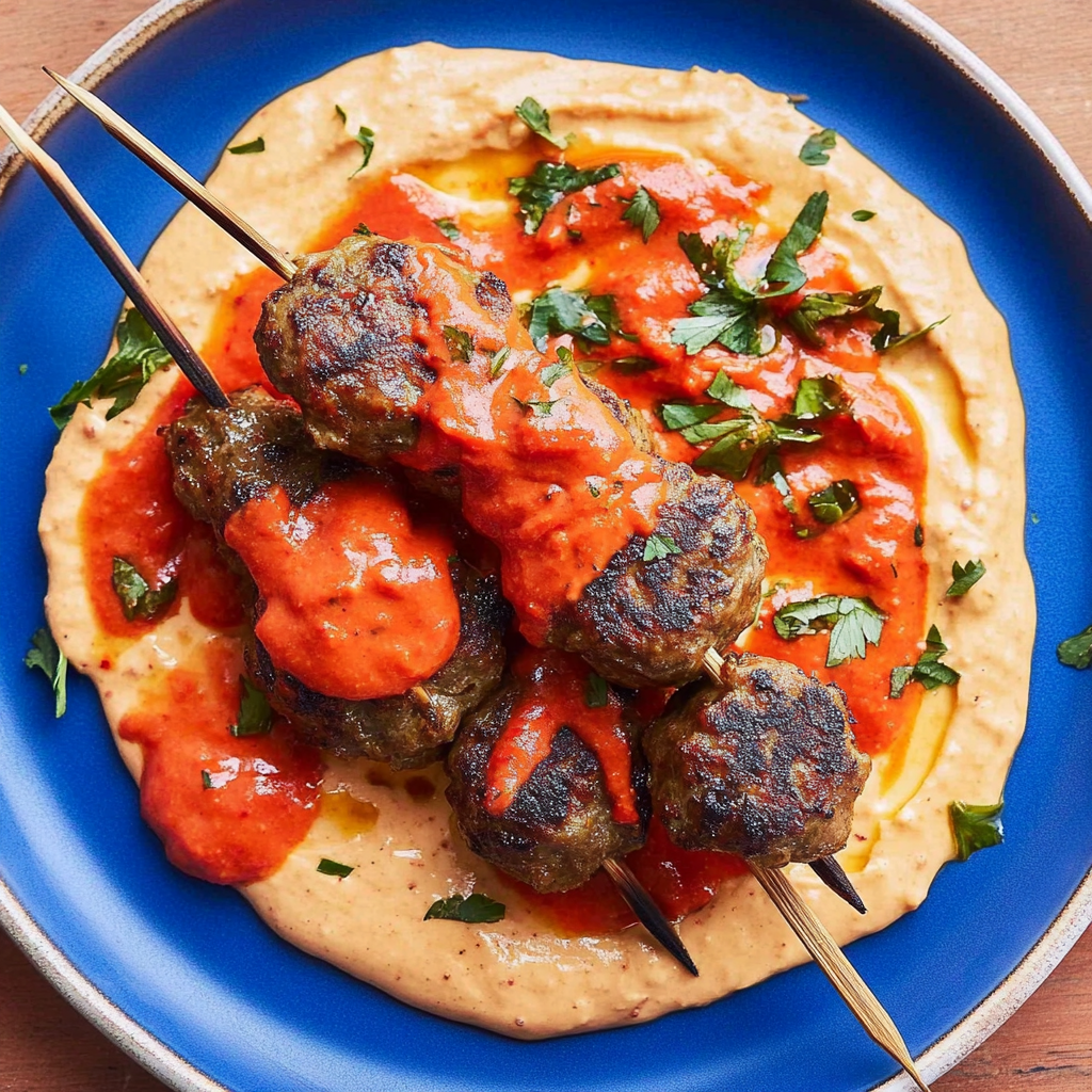 Recipe preparation for Kofta Kabobs with Red Pepper Hummus