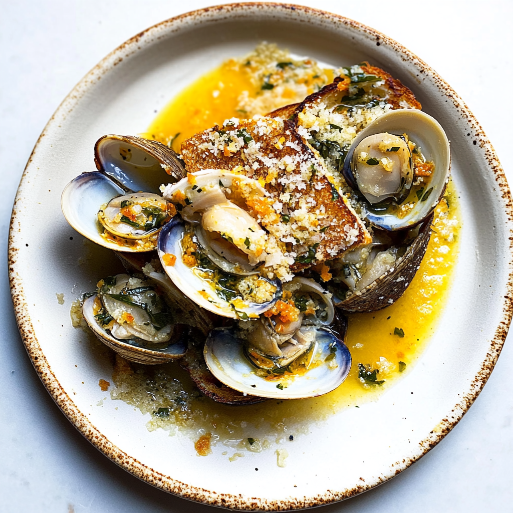 Recipe preparation for Garlic Butter Clams with Toasted Bread
