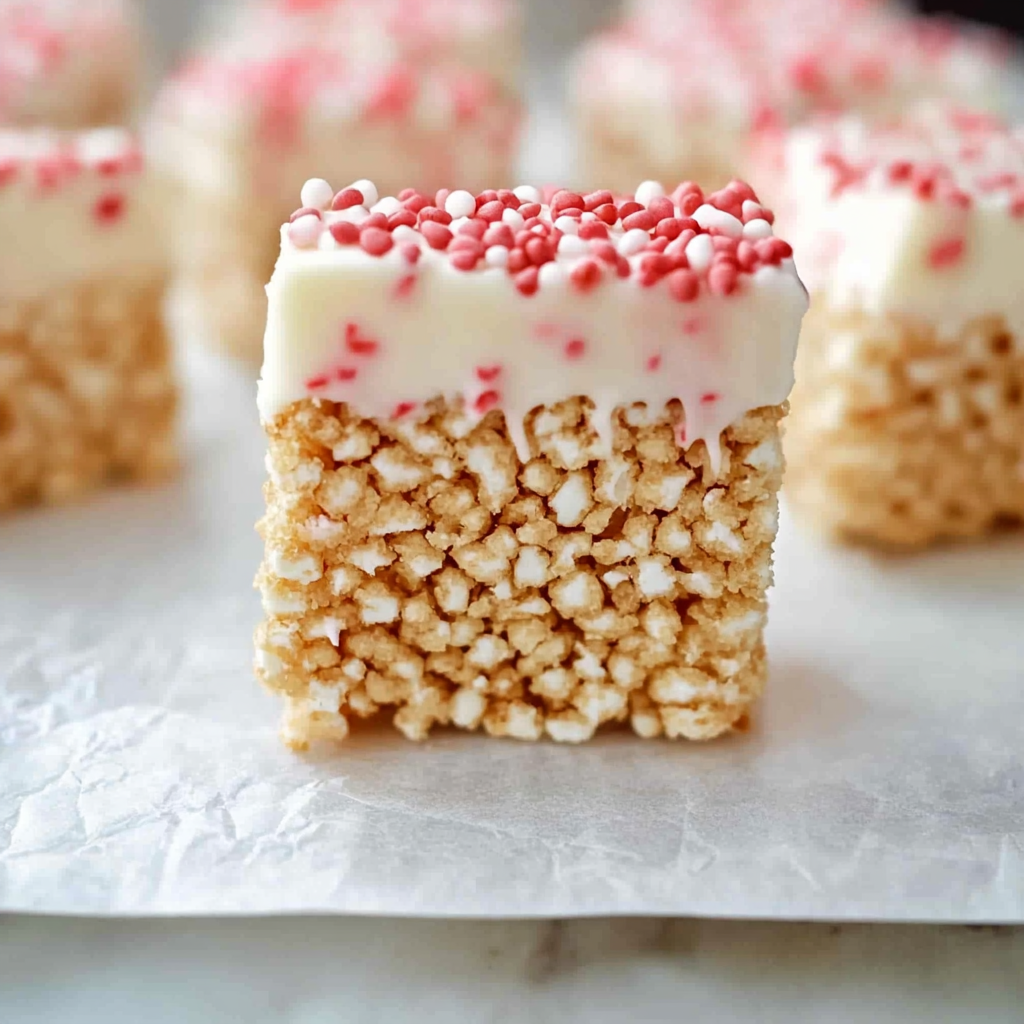 Recipe preparation for White Chocolate Dipped Rice Krispies Valentine Treats