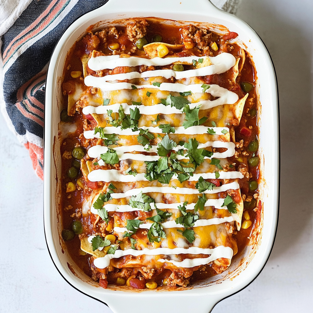Recipe preparation for Veggie-Loaded Turkey Enchilada Casserole