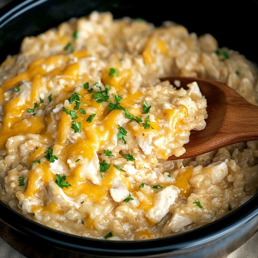 Recipe preparation for Crockpot Cheesy Chicken and Rice