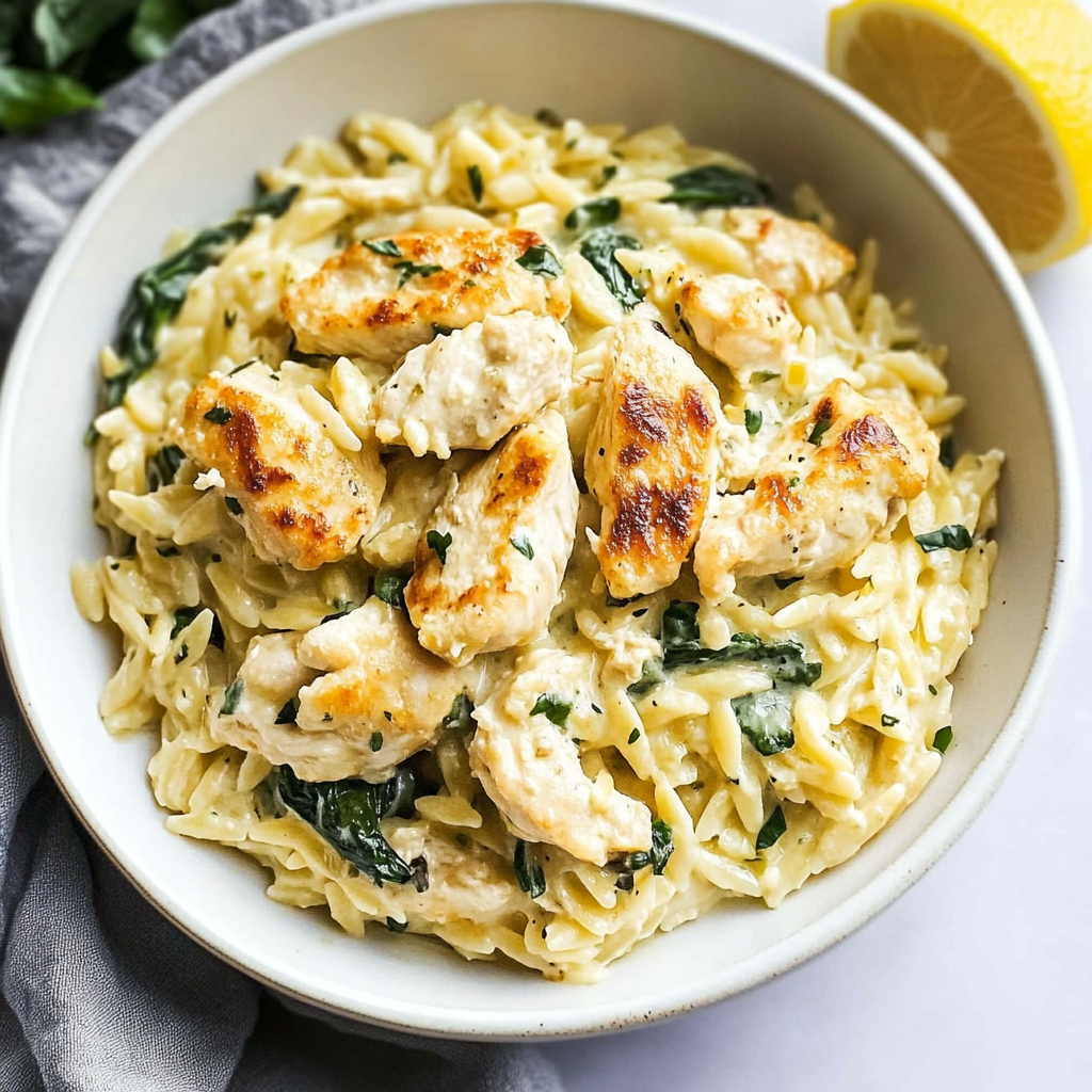 Recipe preparation for Greek Lemon Orzo With Chicken & Spinach