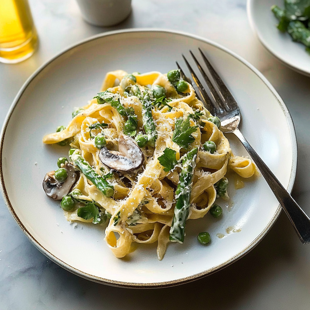 Recipe preparation for Spring Asparagus and Mushroom Pappardelle