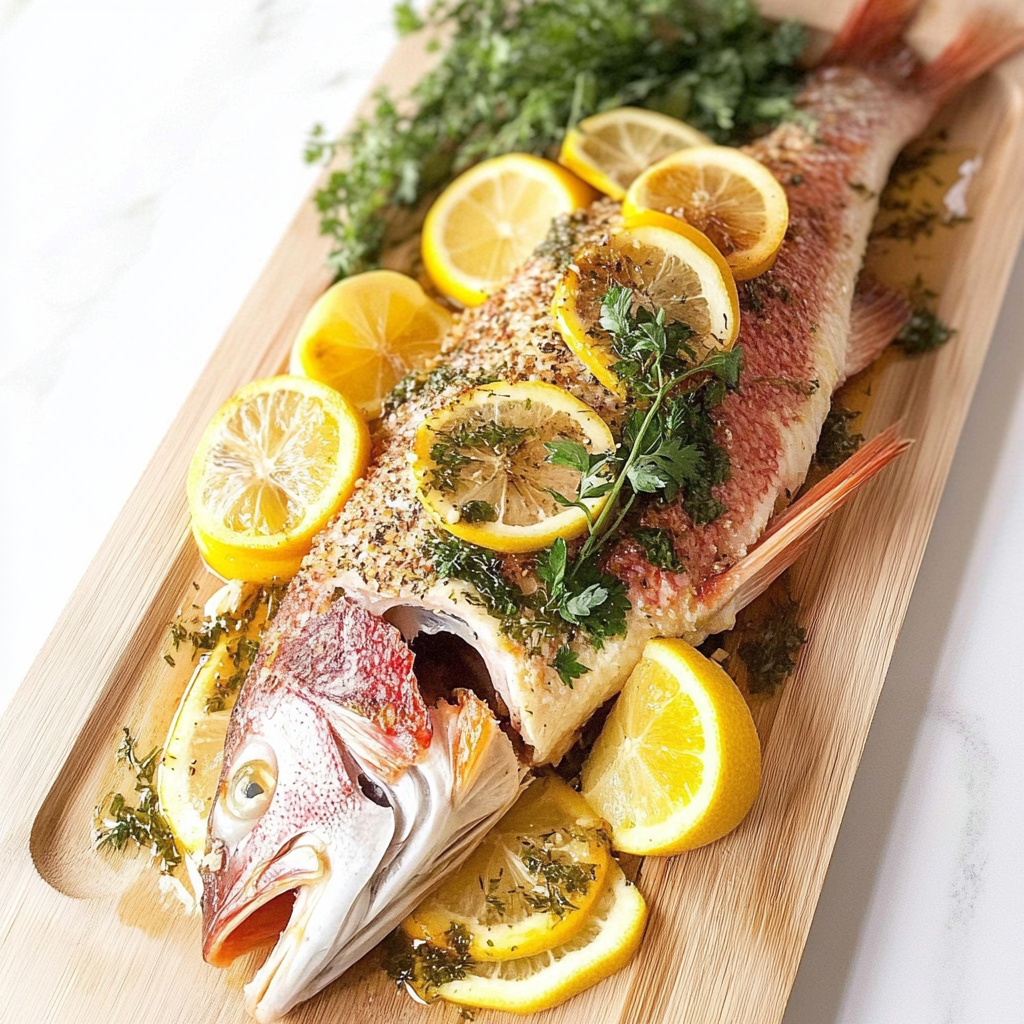 Recipe preparation for Lemon Roasted Red Snapper with Herbs