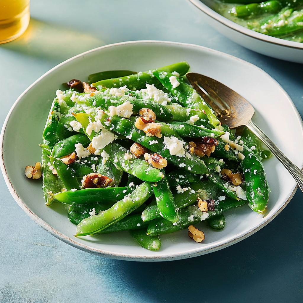 Recipe preparation for Blistered Snap Peas with Feta and Walnut Gremolata