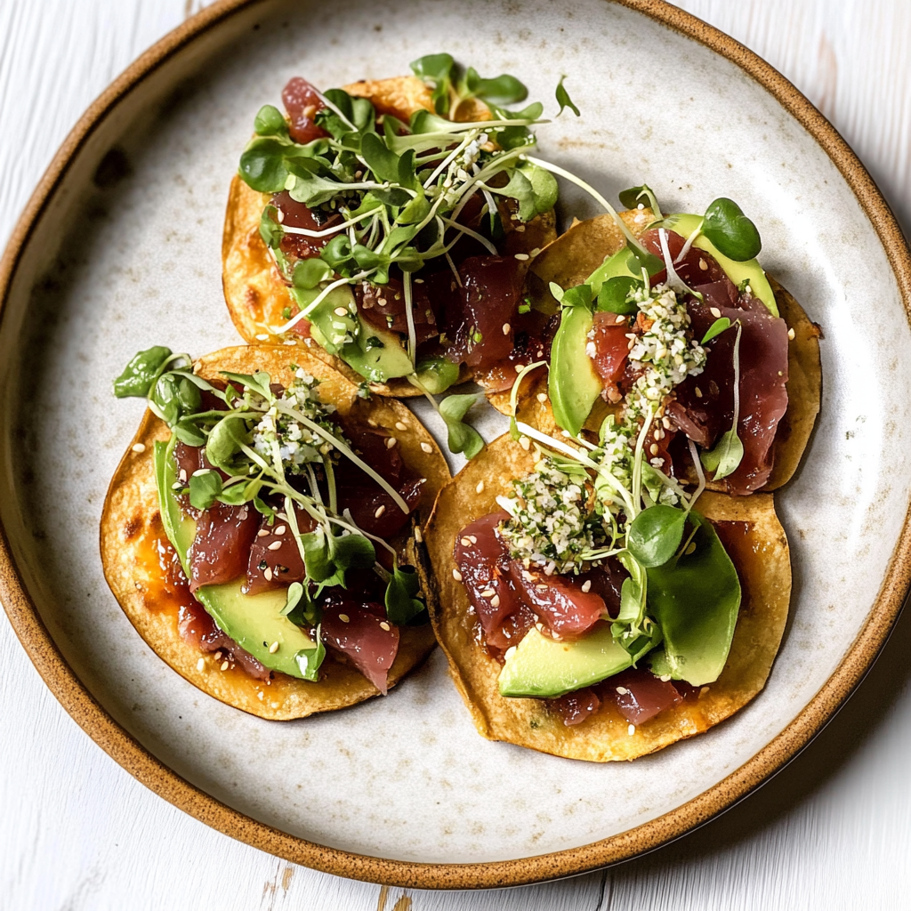 Recipe preparation for Tuna Tostadas with Avocado, Ginger, and Scallion