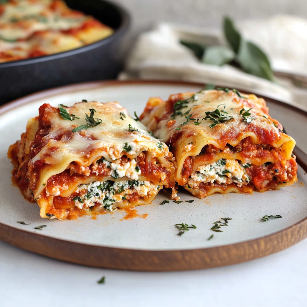 Recipe preparation for Roasted Red Pepper & Whipped Cottage Cheese Lasagna Rolls
