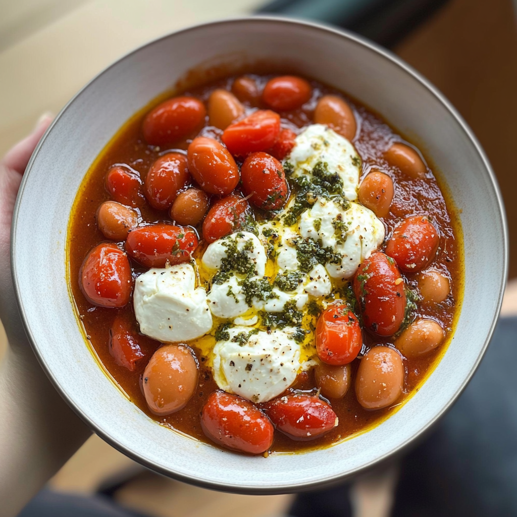 Recipe preparation for Tomato Butter Beans with Burrata & Garlic Chili Oil