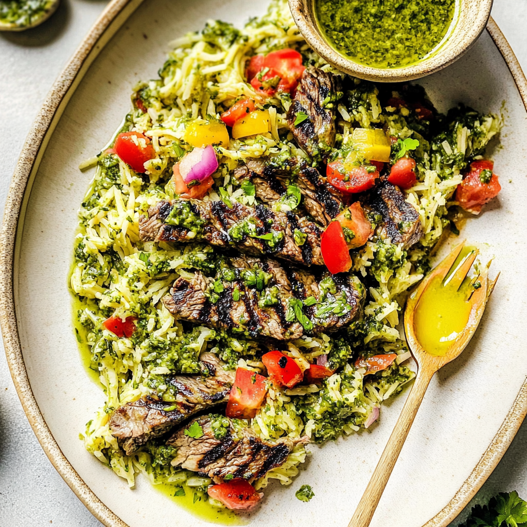 Recipe preparation for Chimichurri Grilled Steak with Spring Salad