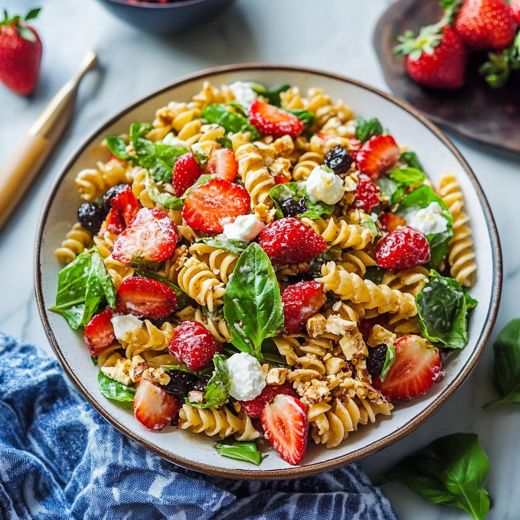 Recipe preparation for Spring Pasta Salad With Strawberries and Balsamic