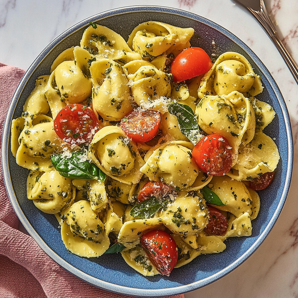Recipe preparation for Heirloom Tomato & Basil Tortellini Pasta Salad