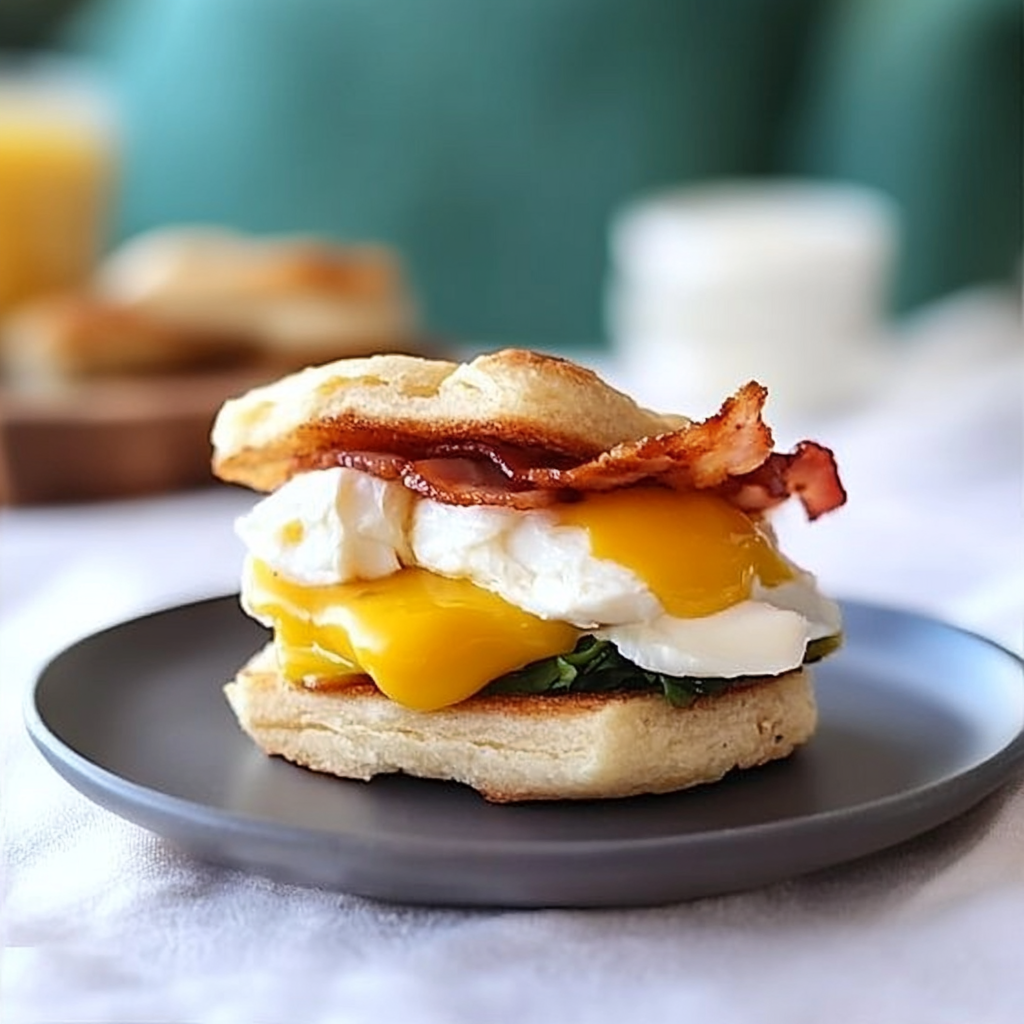 Recipe preparation for Biscuit Sandwiches with Collards, Bacon and Poached Eggs