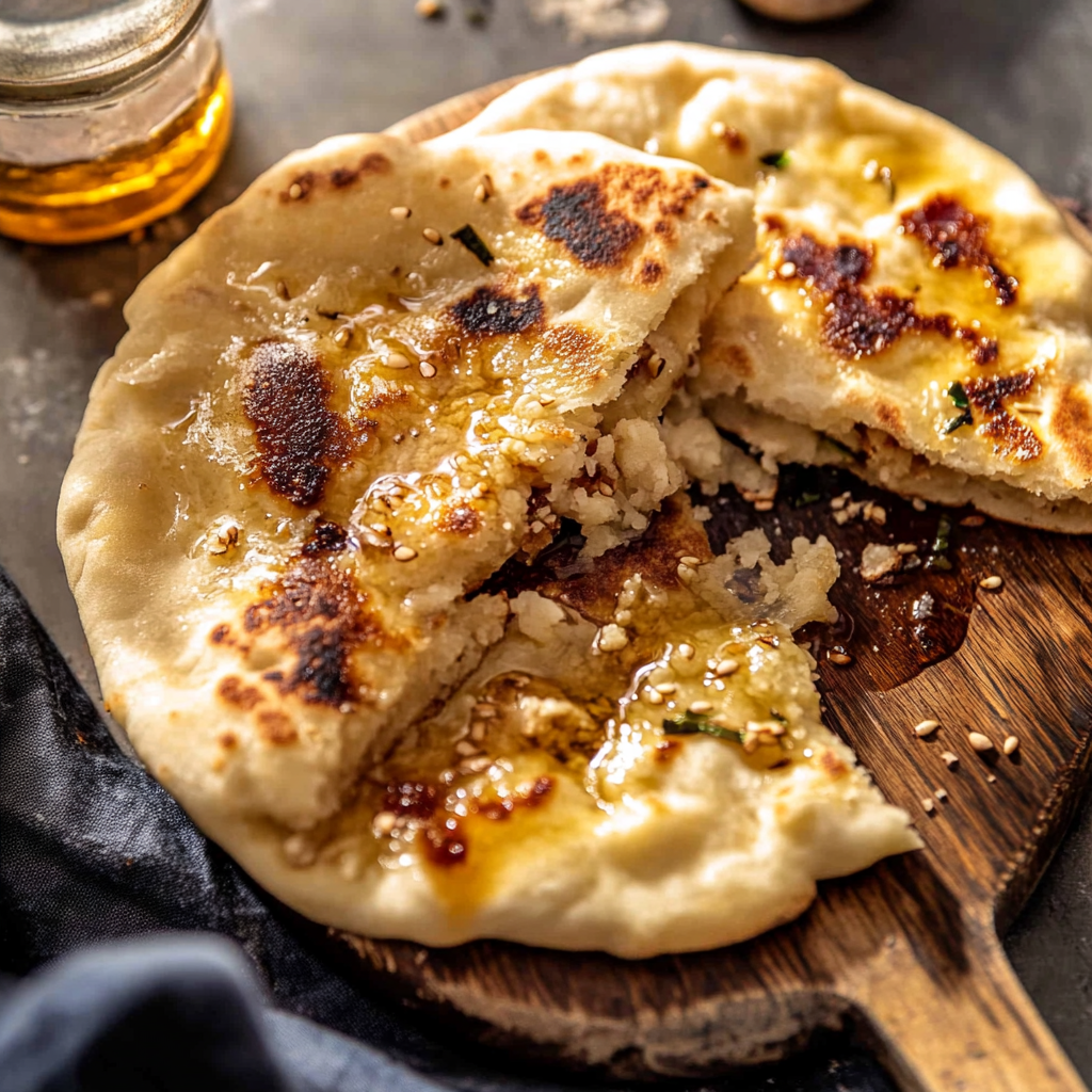 Recipe preparation for Sesame Gouda Stuffed Naan with Honey