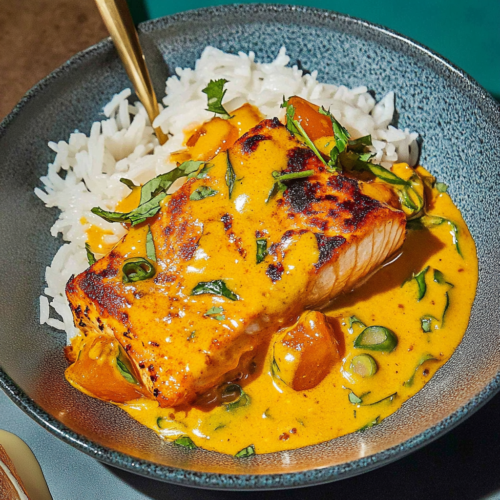Recipe preparation for Coconut Curry Salmon with Garlic Butter