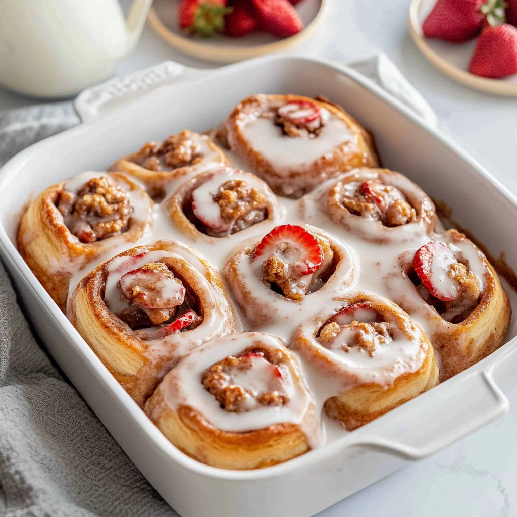 Recipe preparation for Strawberry Crunch Cinnamon Rolls