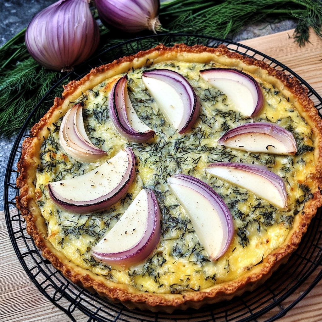 Recipe preparation for Goat Cheese and Dill Quiche in a Hash Brown Crust