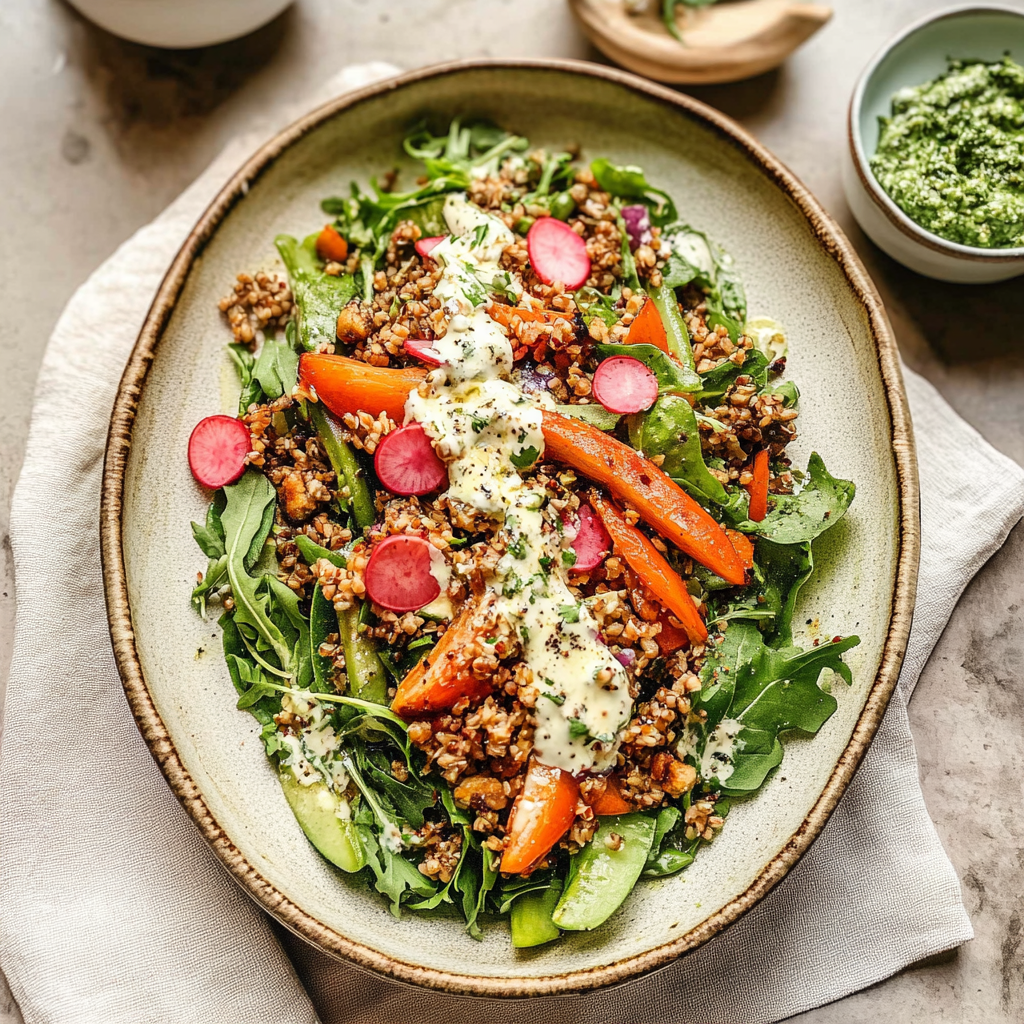 Recipe preparation for Roasted Spring Vegetable and Crispy Farro Salad