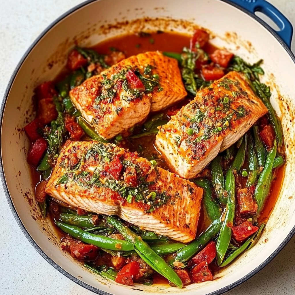 Recipe preparation for Coconut- Chile Salmon and Greens